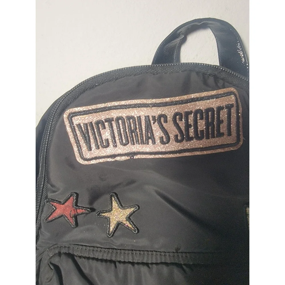 Victorias Secret Love Victoria Backpack Black Nylon Patch Gold Chain Quilted